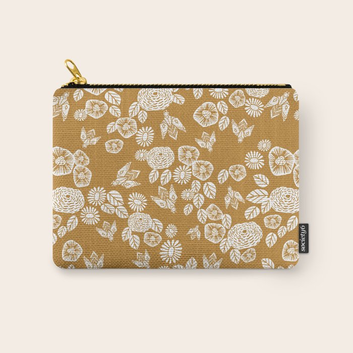 Bee Garden - linocut art, mustard, yellow, garden floral, home decor, bees, florals, flowers print Carry All Pouch Gallery Image 1