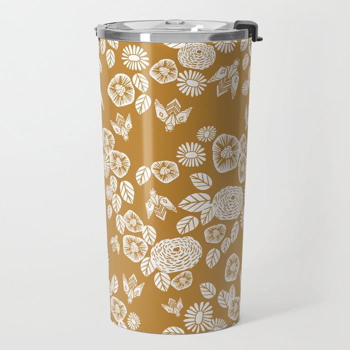 Bee Garden - linocut art, mustard, yellow, garden floral, home decor, bees, florals, flowers print Travel Mug Gallery Image 2