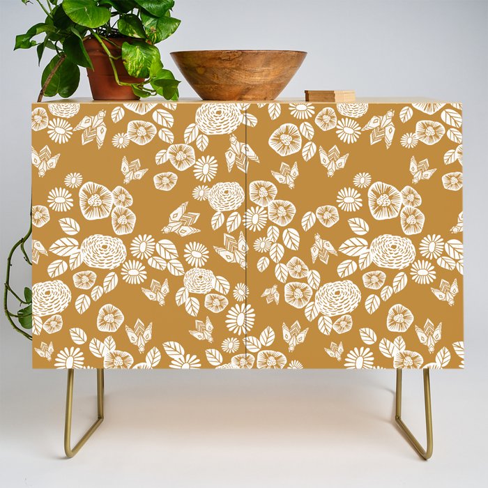 Bee Garden - linocut art, mustard, yellow, garden floral, home decor, bees, florals, flowers print Credenza Gallery Image 1