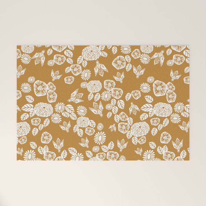 Bee Garden - linocut art, mustard, yellow, garden floral, home decor, bees, florals, flowers print Welcome Mat Gallery Image 1