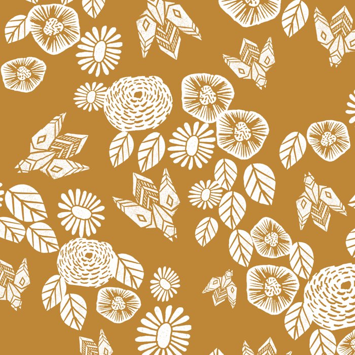 Bee Garden - linocut art, mustard, yellow, garden floral, home decor, bees, florals, flowers print Coffee Mug Gallery Image 2