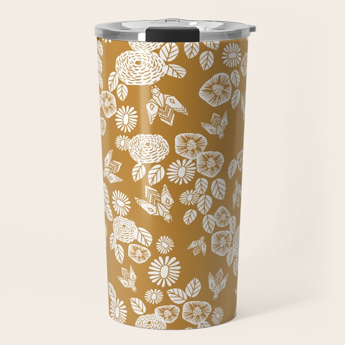 Bee Garden - linocut art, mustard, yellow, garden floral, home decor, bees, florals, flowers print Travel Mug Gallery Image 1
