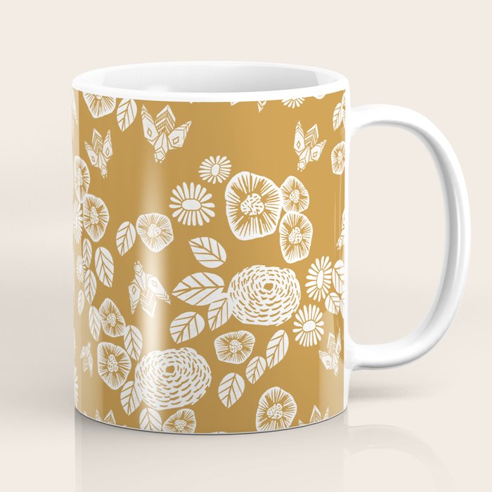 Bee Garden - linocut art, mustard, yellow, garden floral, home decor, bees, florals, flowers print Coffee Mug Gallery Image 1