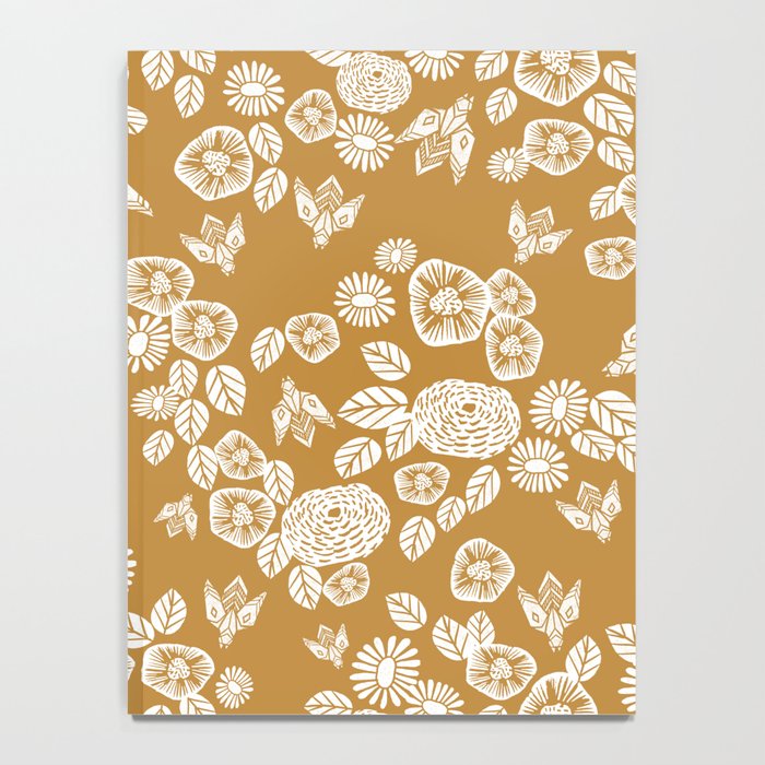 Bee Garden - linocut art, mustard, yellow, garden floral, home decor, bees, florals, flowers print Notebook Gallery Image 4