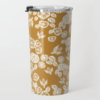 Bee Garden - linocut art, mustard, yellow, garden floral, home decor, bees, florals, flowers print Travel Mug Gallery Image 3