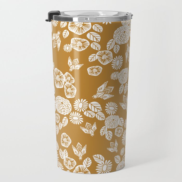 Bee Garden - linocut art, mustard, yellow, garden floral, home decor, bees, florals, flowers print Travel Mug Gallery Image 3