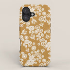Bee Garden - linocut art, mustard, yellow, garden floral, home decor, bees, florals, flowers print iPhone Case Gallery Image 1