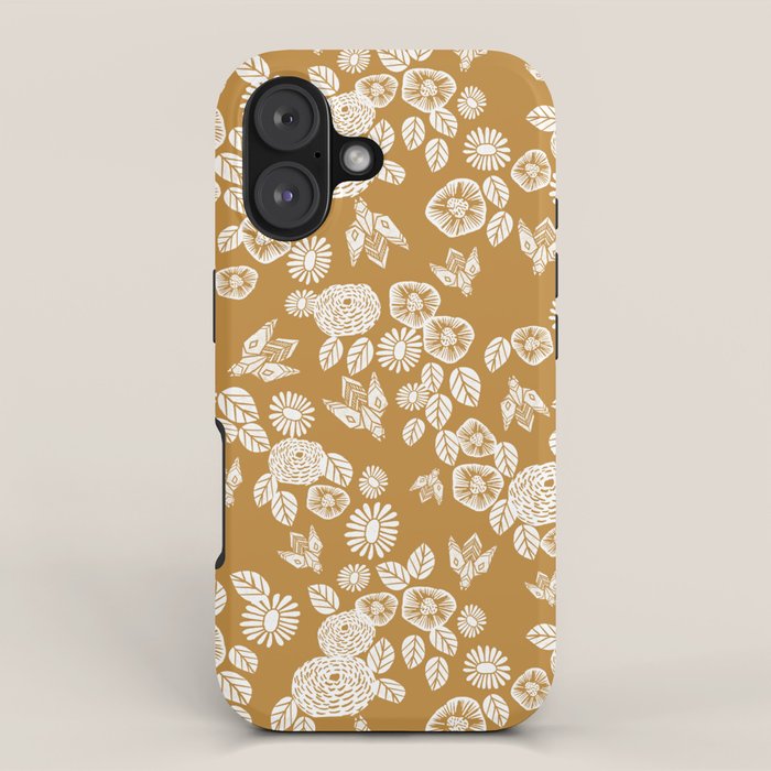 Bee Garden - linocut art, mustard, yellow, garden floral, home decor, bees, florals, flowers print iPhone Case Gallery Image 1