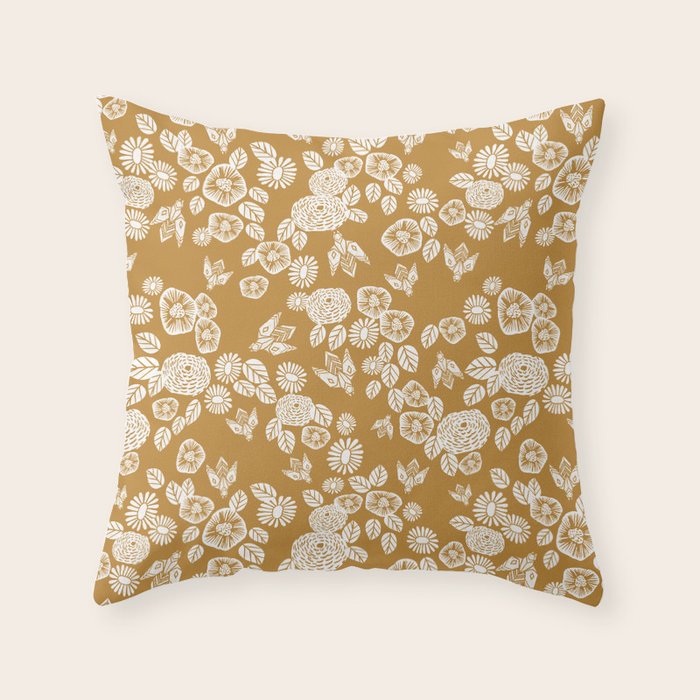 Bee Garden - linocut art, mustard, yellow, garden floral, home decor, bees, florals, flowers print Throw Pillow Gallery Image 6