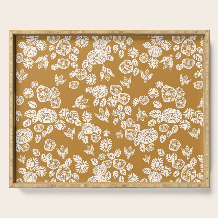 Bee Garden - linocut art, mustard, yellow, garden floral, home decor, bees, florals, flowers print Serving Tray Gallery Image 1