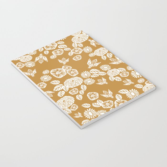 Bee Garden - linocut art, mustard, yellow, garden floral, home decor, bees, florals, flowers print Notebook Gallery Image 3