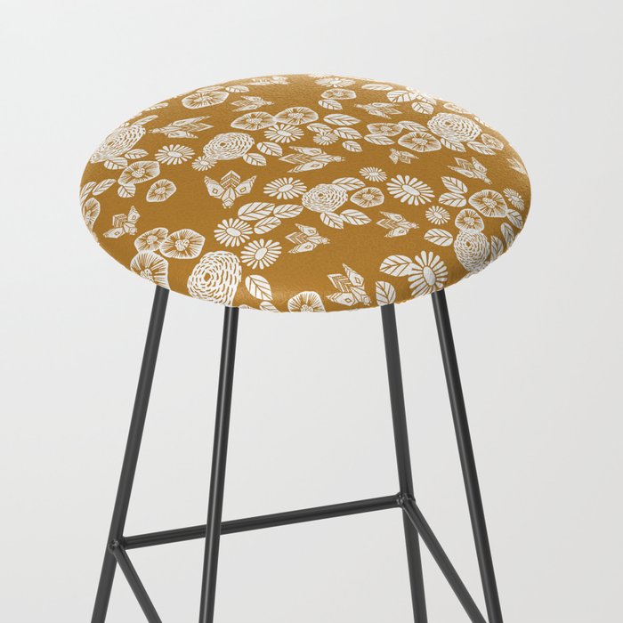 Bee Garden - linocut art, mustard, yellow, garden floral, home decor, bees, florals, flowers print Stool Gallery Image 2