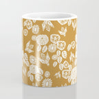 Bee Garden - linocut art, mustard, yellow, garden floral, home decor, bees, florals, flowers print Coffee Mug Gallery Image 4