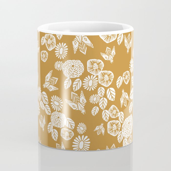 Bee Garden - linocut art, mustard, yellow, garden floral, home decor, bees, florals, flowers print Coffee Mug Gallery Image 4