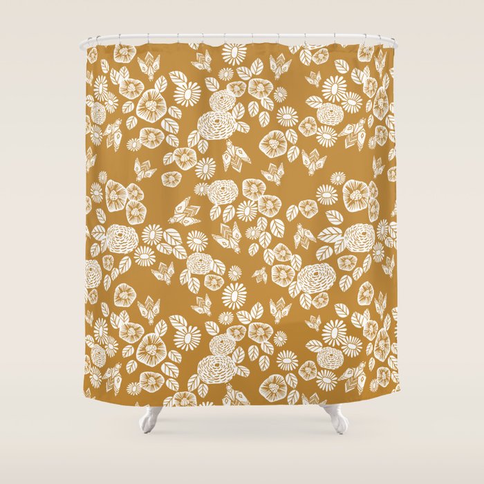Bee Garden - linocut art, mustard, yellow, garden floral, home decor, bees, florals, flowers print Shower Curtain Gallery Image 1