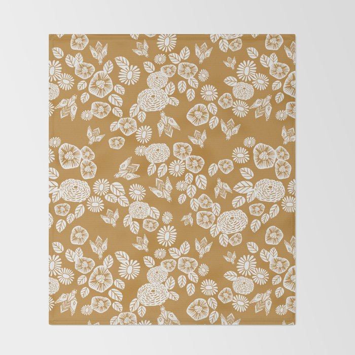 Bee Garden - linocut art, mustard, yellow, garden floral, home decor, bees, florals, flowers print Throw Blanket Gallery Image 2