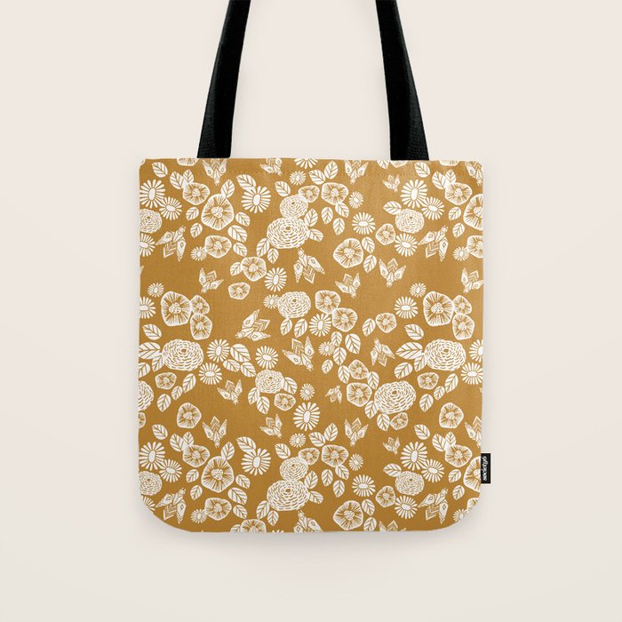 Bee Garden - linocut art, mustard, yellow, garden floral, home decor, bees, florals, flowers print Tote Bag Gallery Image 1