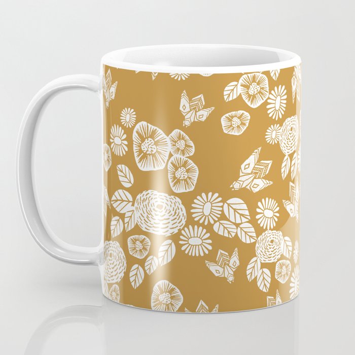 Bee Garden - linocut art, mustard, yellow, garden floral, home decor, bees, florals, flowers print Coffee Mug Gallery Image 3