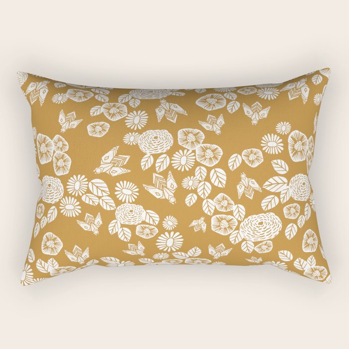 Bee Garden - linocut art, mustard, yellow, garden floral, home decor, bees, florals, flowers print Rectangular Pillow Gallery Image 1