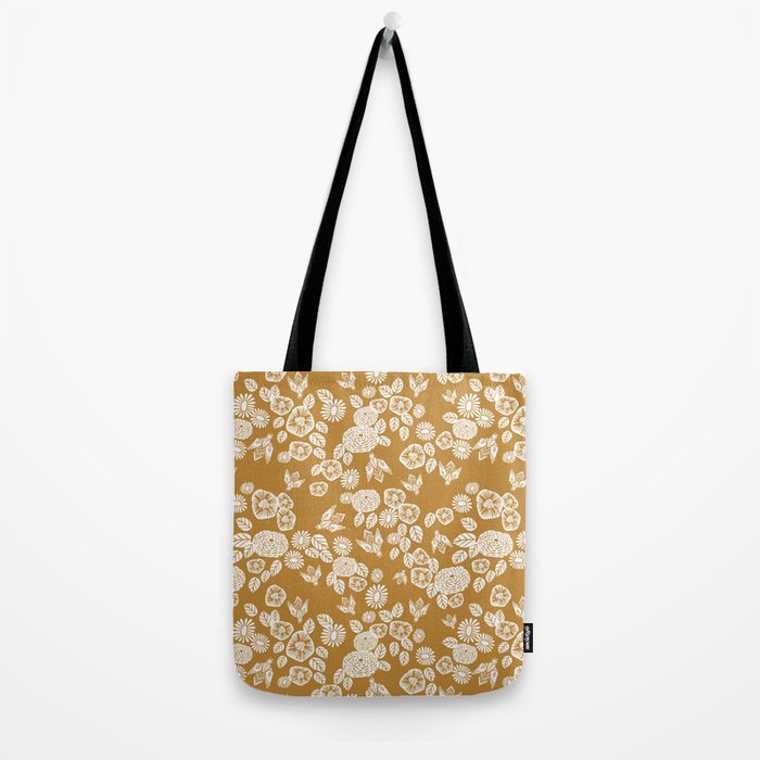 Bee Garden - linocut art, mustard, yellow, garden floral, home decor, bees, florals, flowers print Tote Bag Gallery Image 2