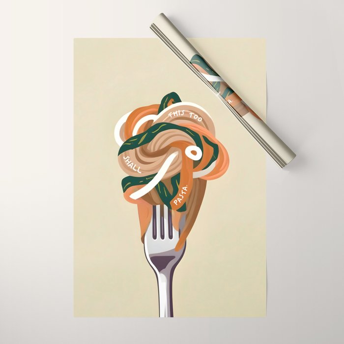 This Too Shall Pasta | Funny Quote Positivity Food Typography, Italian Illustration Noodles Growth Mindset Pastel Painting Wrapping Paper Gallery Image 1