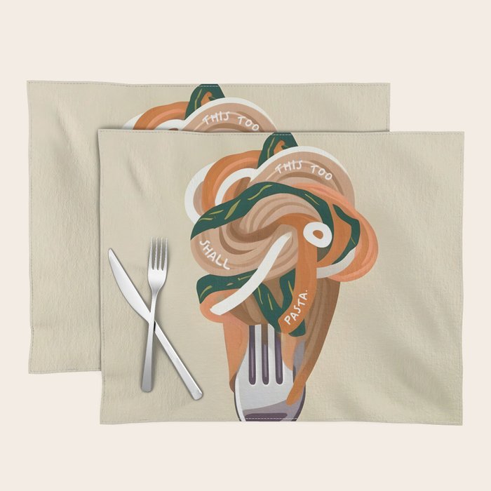 This Too Shall Pasta | Funny Quote Positivity Food Typography, Italian Illustration Noodles Growth Mindset Pastel Painting Placemat Gallery Image 1
