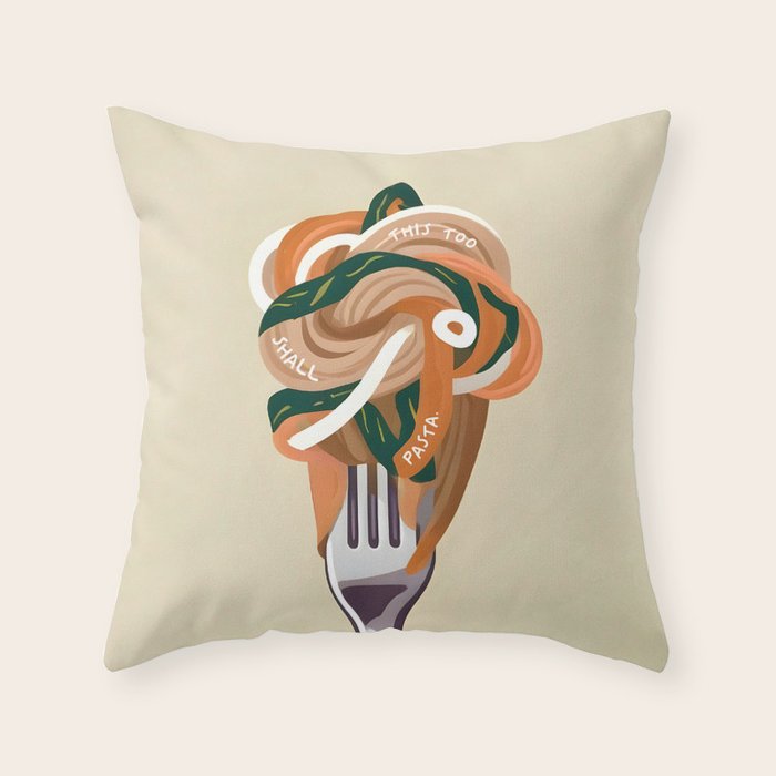 This Too Shall Pasta | Funny Quote Positivity Food Typography, Italian Illustration Noodles Growth Mindset Pastel Painting Throw Pillow Gallery Image 1