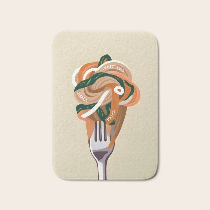This Too Shall Pasta | Funny Quote Positivity Food Typography, Italian Illustration Noodles Growth Mindset Pastel Painting Bath Mat Gallery Image 1