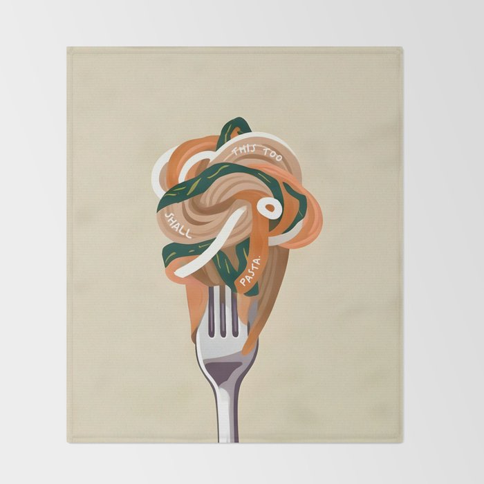 This Too Shall Pasta | Funny Quote Positivity Food Typography, Italian Illustration Noodles Growth Mindset Pastel Painting Throw Blanket Gallery Image 2