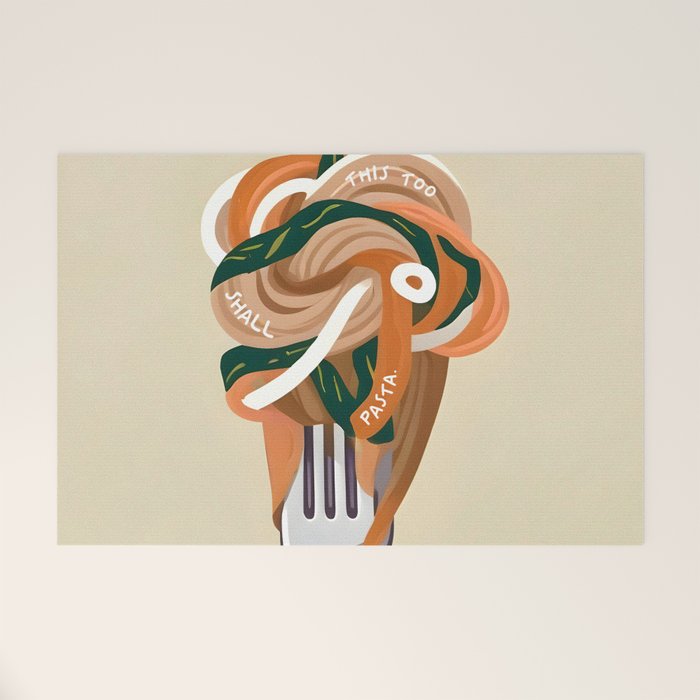 This Too Shall Pasta | Funny Quote Positivity Food Typography, Italian Illustration Noodles Growth Mindset Pastel Painting Welcome Mat Gallery Image 1