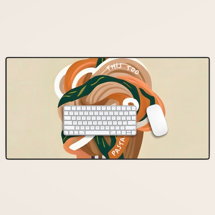 This Too Shall Pasta | Funny Quote Positivity Food Typography, Italian Illustration Noodles Growth Mindset Pastel Painting Desk Mat Gallery Image 1