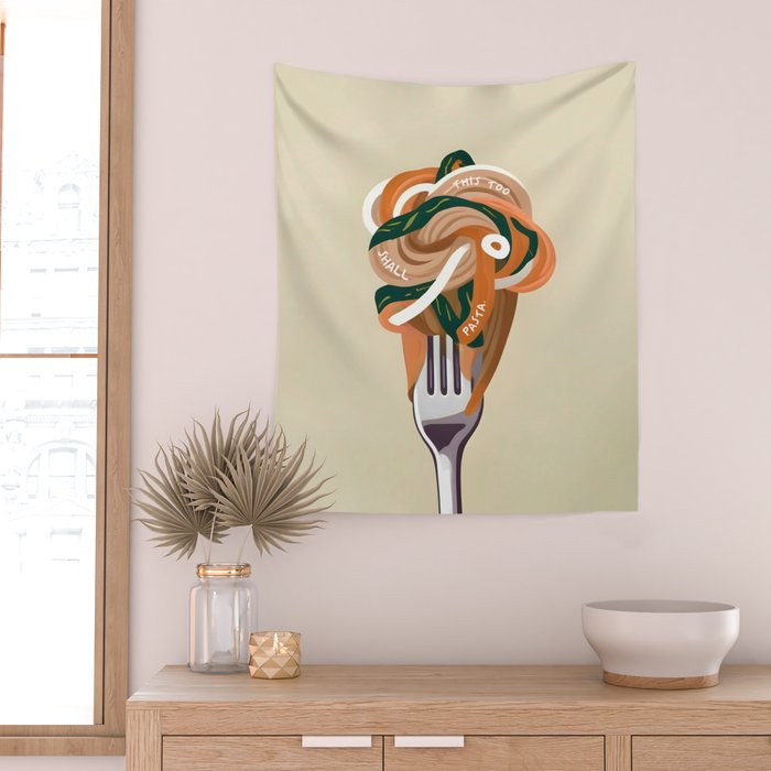 This Too Shall Pasta | Funny Quote Positivity Food Typography, Italian Illustration Noodles Growth Mindset Pastel Painting Wall Tapestry Gallery Image 2