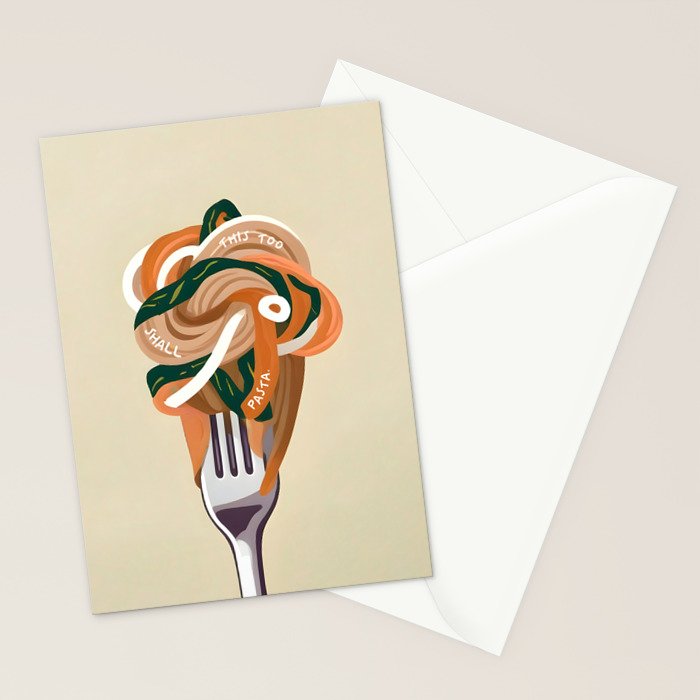 This Too Shall Pasta | Funny Quote Positivity Food Typography, Italian Illustration Noodles Growth Mindset Pastel Painting Stationery Card Gallery Image 2