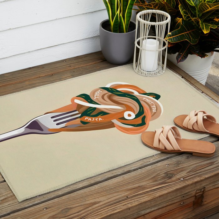 This Too Shall Pasta | Funny Quote Positivity Food Typography, Italian Illustration Noodles Growth Mindset Pastel Painting Outdoor Rug Gallery Image 2