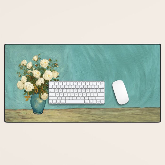 White Roses in Blue Vase Desk Mat Gallery Image 1