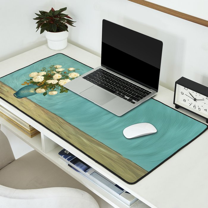 White Roses in Blue Vase Desk Mat Gallery Image 2