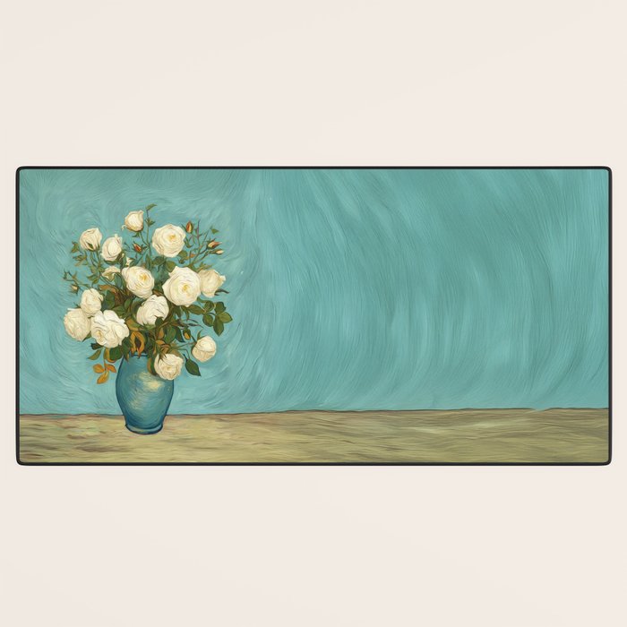 White Roses in Blue Vase Desk Mat Gallery Image 3