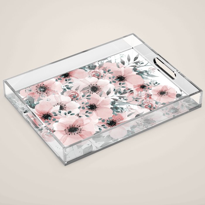 Flower Watercolor, Blush Pink and Gray, Floral Prints Acrylic Tray Gallery Image 1