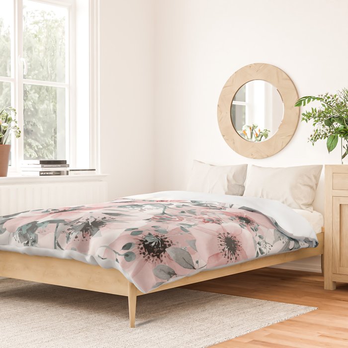 Flower Watercolor, Blush Pink and Gray, Floral Prints Duvet Cover Gallery Image 2