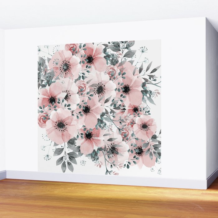 Flower Watercolor, Blush Pink and Gray, Floral Prints Wall Mural Gallery Image 2