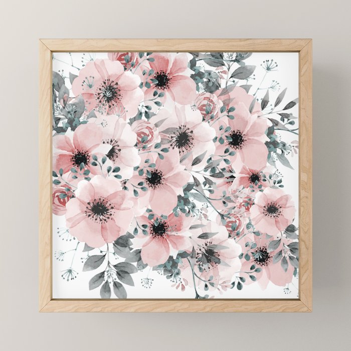 Flower Watercolor, Blush Pink and Gray, Floral Prints Mini Art Print Gallery Image 1