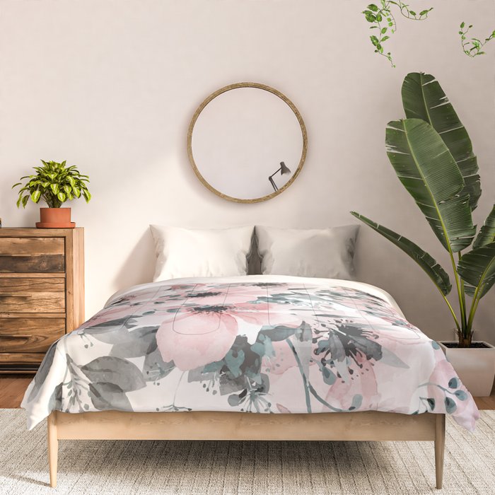 Flower Watercolor, Blush Pink and Gray, Floral Prints Comforter Gallery Image 3