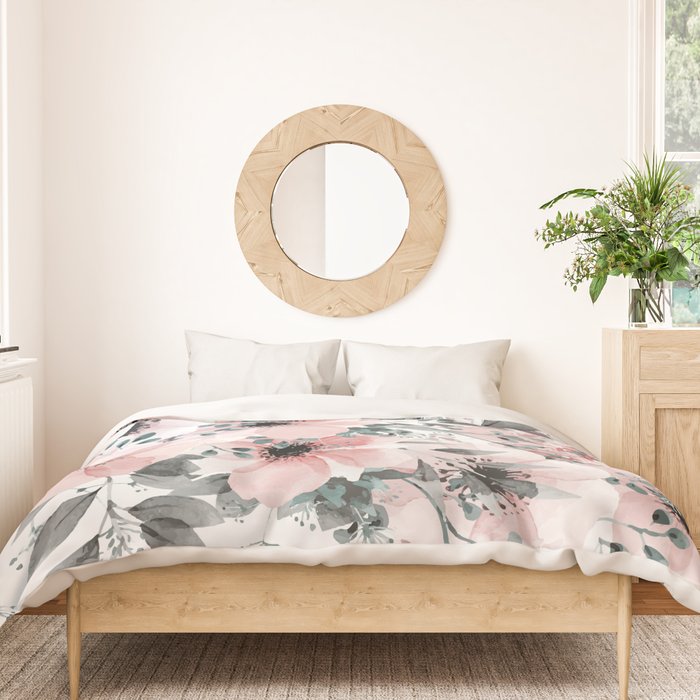 Flower Watercolor, Blush Pink and Gray, Floral Prints Duvet Cover Gallery Image 3