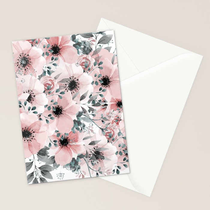 Flower Watercolor, Blush Pink and Gray, Floral Prints Stationery Card Gallery Image 2