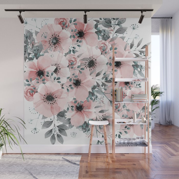 Flower Watercolor, Blush Pink and Gray, Floral Prints Wall Mural Gallery Image 1