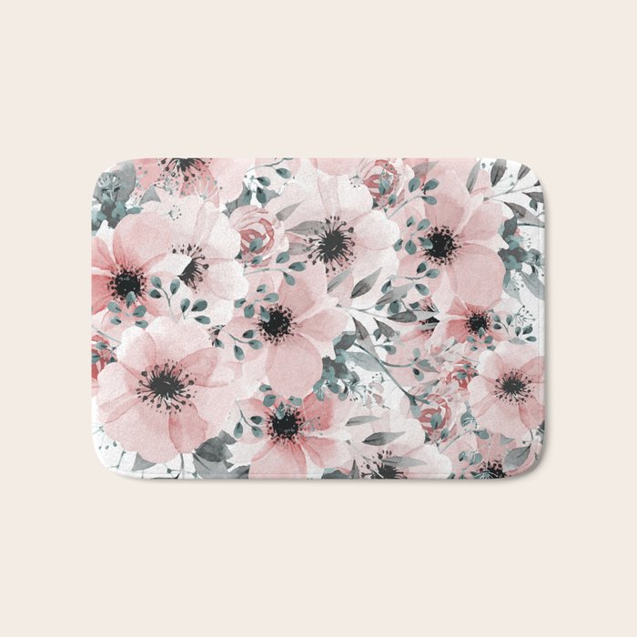 Flower Watercolor, Blush Pink and Gray, Floral Prints Bath Mat Gallery Image 1