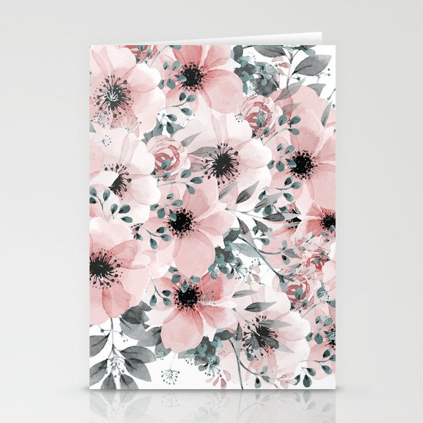 Flower Watercolor, Blush Pink and Gray, Floral Prints Stationery Card Gallery Image 1
