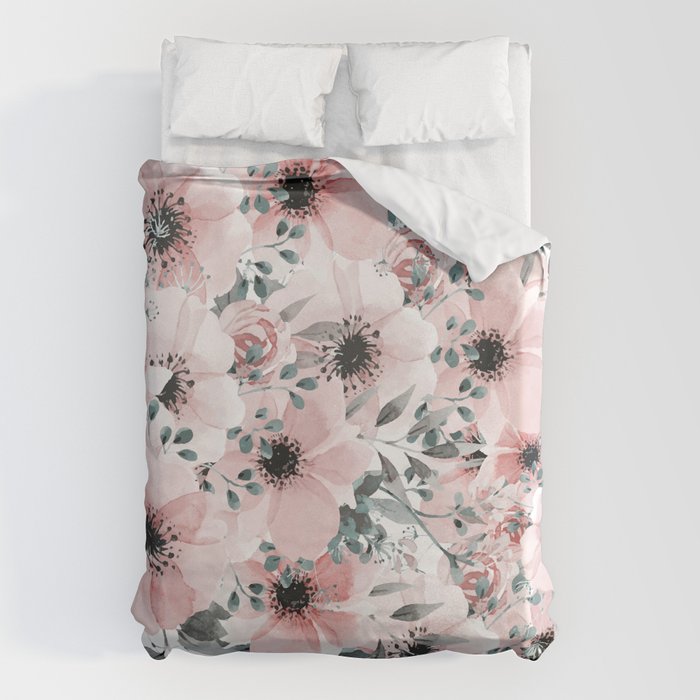 Flower Watercolor, Blush Pink and Gray, Floral Prints Duvet Cover Gallery Image 6
