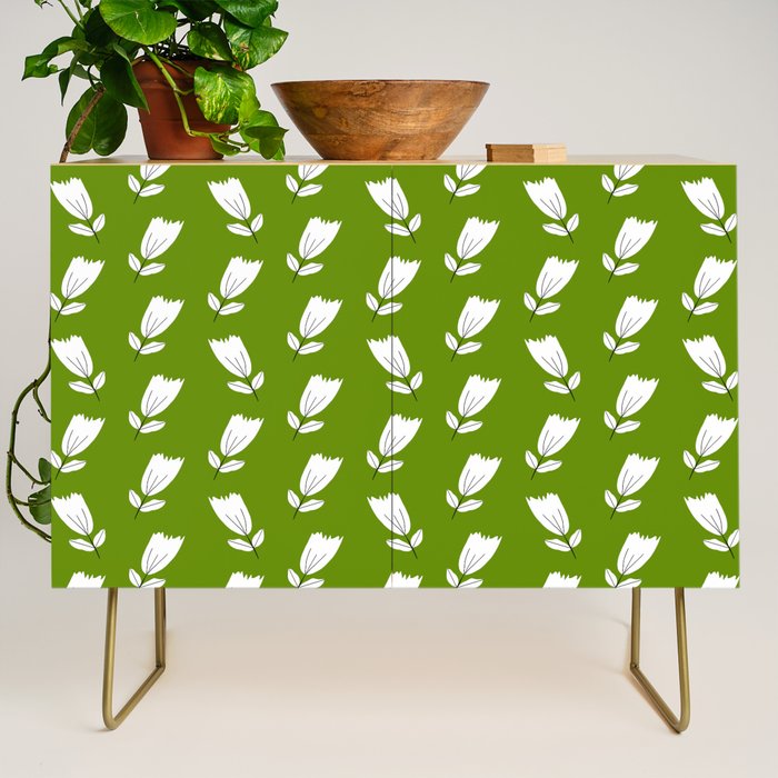 Dancing White Floral Pattern - Green Background Credenza Gallery Image 1