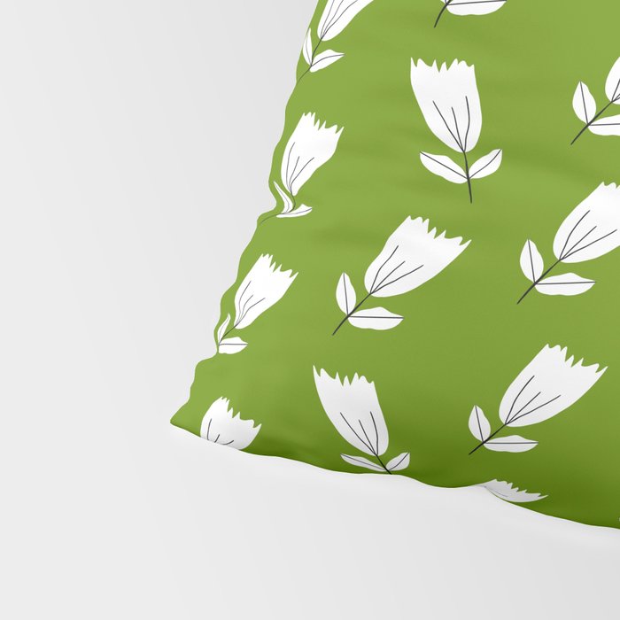 Dancing White Floral Pattern - Green Background Pillow Sham Gallery Image 4